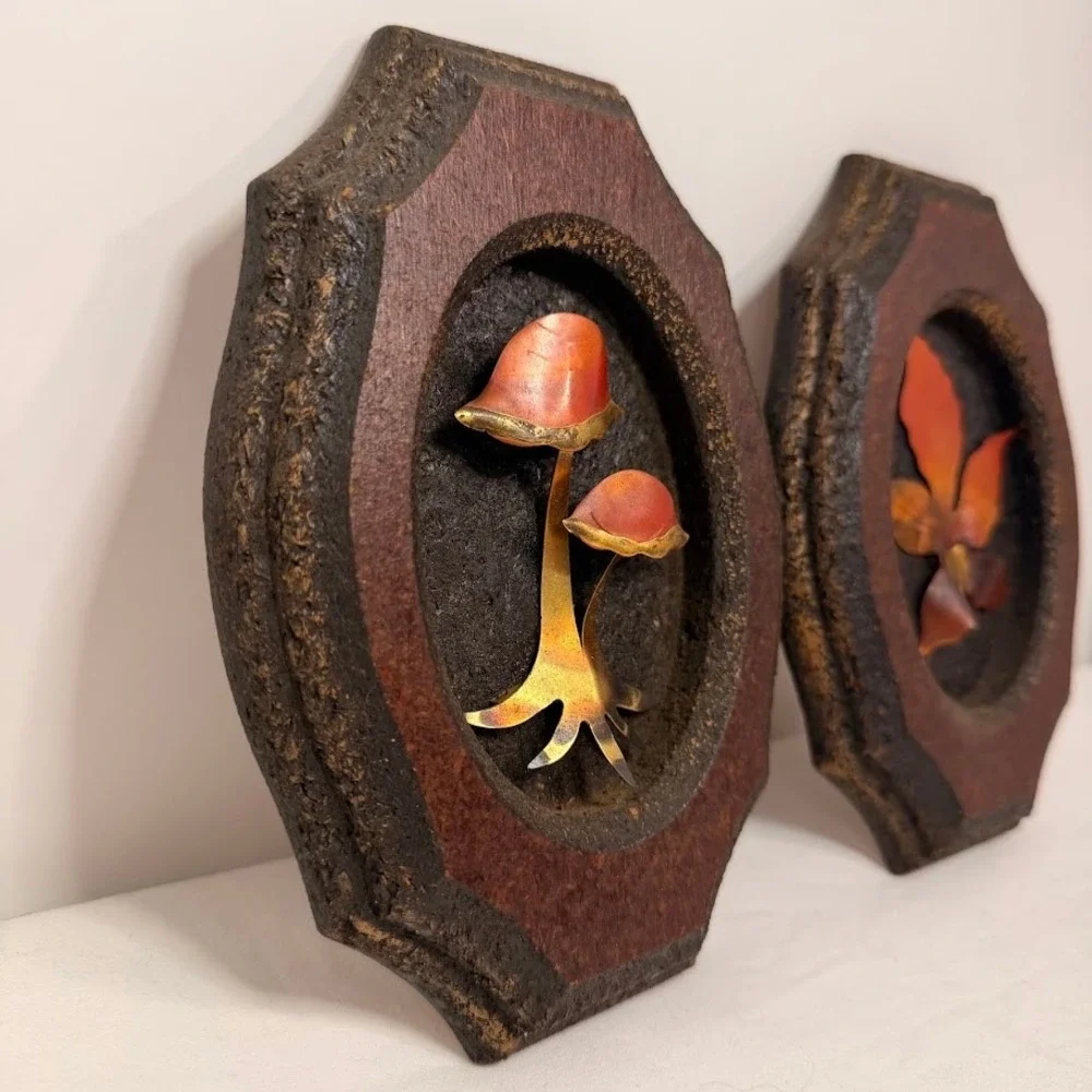 Vintage 3D Mushroom and Leaf Wood Wall Art Plaques Set 2 MCM Nature Metal Decor